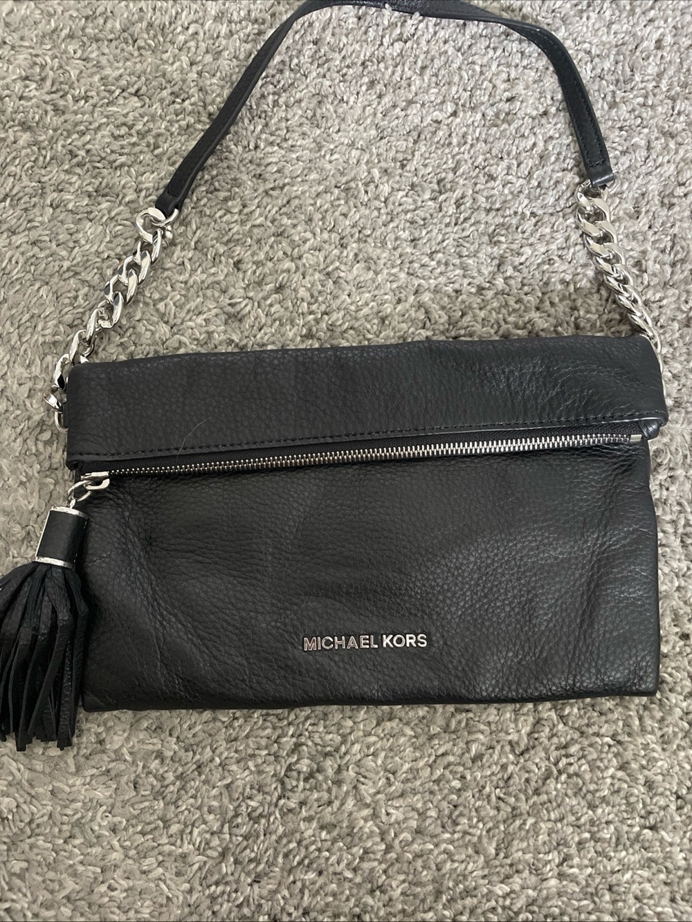 Michael Kors Black Leather Shoulder Bag with Silver Chain and Tassel